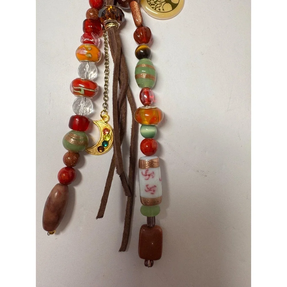 Boho Beaded Bag Purse Charm‎ reds & brown colors gold tone Gift